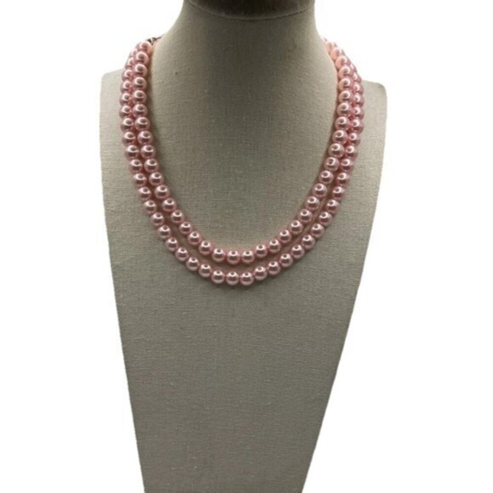 Vintage Pink Tone Double Strand Pink Faux Pearl Lightweight 33” Necklace